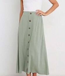 abordables -Femmes Jupe Basique Occasionnel Midi Taille Basse Jupes Uni Froncé Micro-Élastique Vacances Rue Noir Blanche Vert Menthe Vert Été Coton