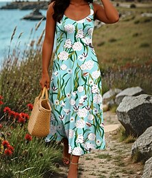 preiswerte -Damen Maxikleid A Linie Kleid Schulterfreies Kleid Urlaub Lässig Strand Party Strand Normale Passform Blumen Grafik Ärmellos Quadrathals Rosa Blau Grün Khaki Sommer Frühling