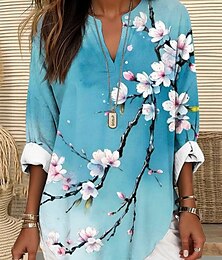 abordables -Mujer Tops de verano Floral Graphic Vintage Tropical Hawaiano Manga Larga Escote en Pico Tops regulares Diario Festivos Ropa de playa Estampado Blanco Verde Claro Azul Piscina Caqui Verano Primavera