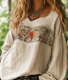 preiswerte -Damen Westernbluse Boho Hemdbluse Blume Modern Casual Langarm V-Ausschnitt Regular Tops Alltag Urlaub Ausgehen Print Schwarz Fuchsia Orange Apricot Grau Sommer Herbst