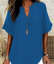 preiswerte -Damen Bluse Einfarbig Stilvoll Lässig Kurzarm V Ausschnitt Normale Oberteile Täglich Schwarz Armeegrün Blau Sommer