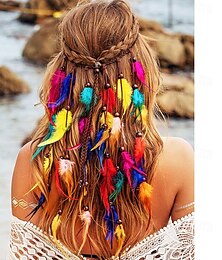 baratos -Boho arco-íris indiano tiaras hippie penas cocar ajustável longo pena acessórios para cabelo para mulheres e meninas
