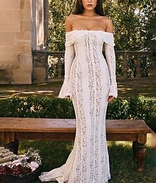 abordables -Femmes Robe Longue Maxi Robe Robe en Dentelle Robe de Bal Robe de Soirée Élégant Mode Soirée Occasion Spéciale Coupe régulière Uni manche longue Épaules Dénudées Noir Blanche Été