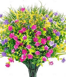 abordables -9 paquetes de flores artificiales para exteriores, eucalipto artificial y vegetación de césped primaveral, plantas de plástico resistentes a los rayos UV para decoración interior o exterior, hogar,