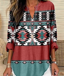 abordables -Mujer Blusa Graphic Geométrico Vintage Tropical Hawaiano Manga Larga Escote en Pico Tops regulares Diario Festivos Ropa de playa Estampado Rojo Azul Piscina Verano Primavera