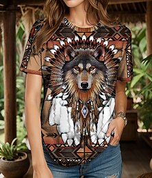 baratos -Mulheres Camiseta Gráfico Animal Geométrica Vintage à moda Clássico Manga Curta Gola Redonda Decote Redondo Tops regulares Diário Final de semana Imprimir Amarelo Vermelho Azul Roxo Verde Verão