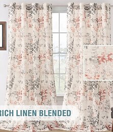 levne -Průhledné plátěné závěsy poloprůhledné závěsy draperie pro obývací pokoj/ložnici vintage klasické květinové tiskové okenní úpravy gromet 2 panely korálová a taupe