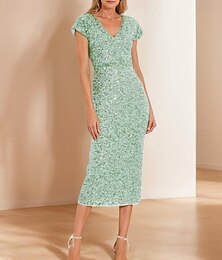 abordables -Robe Mère de la Mariée Élégante Simple Luxueuse Encolure en V Longueur Thé Mi-Long Tulle Manches Courtes Robe en Dentelle Sequins Verte Bleue
