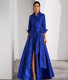 economico -Abito A-Line da Sera Abito Elegante Cerimonia Matrimonio Lunghezza Piena Manica 3/4 Collo a Camicia Tasche Seta con Stampa Floreale Nodo Ospite di Matrimonio