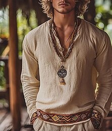 economico -Per uomo Camicia Camicia di lino Camicia popover Camicia Estiva Abbigliamento da spiaggia Camicie retrò Geometrico Vacanza Streetwear Cachi Manica Lunga Scollo a V Estate Primavera Abbigliamento