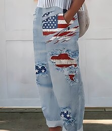 abordables -Pantalones del Día de la Independencia para mujeres con impresión 3D patrióticos Cuatro de Julio vacaciones estilo étnico vintage largo completo cordón bolsillos laterales impresión transpirabilidad