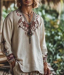 economico -Per uomo Camicia Camicia di lino Camicia popover Camicia Estiva Camicie retrò Camicia etnica Geometrico Vacanza Streetwear Cachi Manica Lunga Scollo a V Estate Primavera Abbigliamento