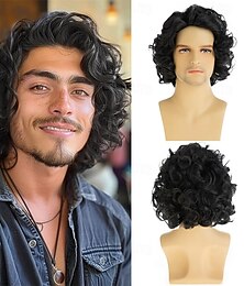 economico -Parrucca nera corta e riccia da uomo, parrucca sintetica completa naturale per costume da cosplay di Halloween