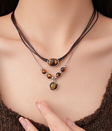 economico -Set di collana con ciondolo in pietra occhio di tigre a doppio strato in stile bohémien da donna, materiale in pietra naturale, adatto per abbigliamento casual, quotidiano e da festa