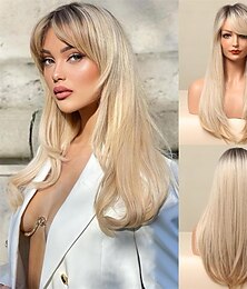baratos -peruca dourada ombré com franja - cabelo longo e liso, raízes escuras e leves cachos para dentro nas pontas - cabelo sintético resistente ao calor para mulheres - ideal para festas diárias e ocasiões