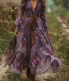 preiswerte -Damen Langes Kleid Maxikleid Freizeitkleid Schwingkleid Sommerkleid Boho-Kleid Vintage Urlaub Täglich Ferien Normale Passform Blumen Grafik Langarm V Ausschnitt Purpur Sommer