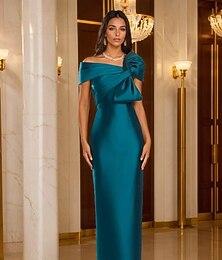 economico -Abito da Sera Aderente  Colonna Abito Elegante Formale per Matrimonio Lunghezza Piena Manica Corta Spalla Unica Satin con Fiocco/i