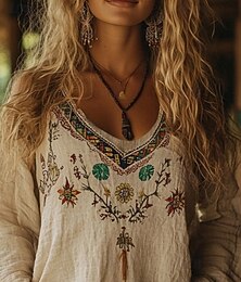 levne -Dámské Západní halenka Boho košile Halenka Květiny Moderní Na běžné nošení Dlouhý rukáv Do V Běžné topy Denní Dovolená Jdeme ven Tisk Meruňková Léto