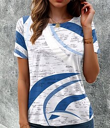 abordables -Mujer Camiseta Graphic Geométrico Geometría Vintage Elegante Clásico Manga Corta Cuello Barco Escote Redondo Tops regulares Diario Estampado Azul Piscina Verano Primavera