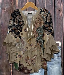 abordables -Blusa retro para mujeres con mangas de volantes en capas estampado floral gráfico bohemia vintage estilo diario de longitud 3/4 escote en V tops regulares prendas para uso diario vacaciones estampado