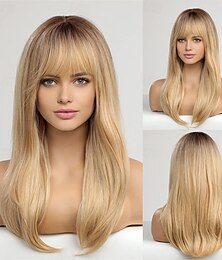 cheap -Long Blonde Wigs for Women Straight Wigs with Fringe Synthetic Layered Hair Wig with Dark Roots