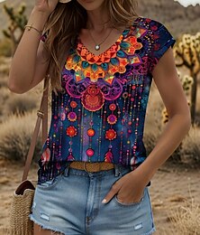 abordables -Camiseta de tirantes estilo bohemio para mujer, con estampado geométrico, estilo vintage, elegante, clásica, sin mangas, manga corta, cuello en V, estilo regular, estampado diario, amarillo, azul,
