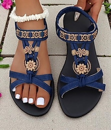 preiswerte -Marineblaue flache Sandalen mit Boho-Blumenperlen im Vintage-Stil für Damen, bequeme Sommerschuhe mit T-Riemen für Freizeitausflüge, Strandurlaube und den Alltag