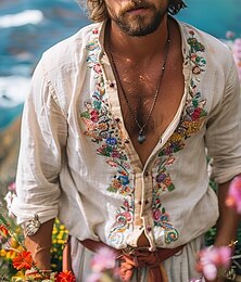 economico -Per uomo Camicia casual Camicia con Bottoni Camicia di cotone Fiori / Piante Vacanza Streetwear Beige Manica Lunga Nonno Primavera & Estate Abbigliamento Ricamo