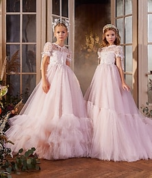 economico -Abito da ballo lungo fino al ginocchio per ragazze fioriste Quinceanera Frozen Elsa Abito carino per ballo in tulle con arricciature stile reale tutu per 3-16 anni