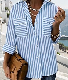 economico -Camicia da Donna Stripes Geometrici Vintage Tropicale Stilosa Manica Lunga Collo Camicia Top Regolari Lavoro Giornaliero Vacanza Bottoni Tasca Stampa Blu Estate Primavera