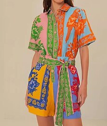 abordables -Femmes Mode Streetwear Chemises en coton et lin Ensembles en coton et lin Ensembles de Shorts Manche Courte Col de chemise Fleuri Imprimé Tenue quotidienne Date Orange Été Coupe régulière