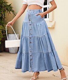 halpa -Naisten Hame Denim Midi-hame Vapaa-aika Boheemi Maxi Keski vyötärö Hameet Tavallinen Rypytetty Tasku Mikrojoustava Loma Rento / arki Taivaan sininen Kesä Denim