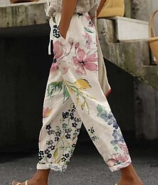 abordables -Femmes Pantalon en coton et lin Pantacourt Streetwear Boho Longueur cheville Taille Moyenne Fleuri Taille Élastique Confortable Tenue quotidienne Sortir Rose Bleu Violet Vert Été Printemps Coupe