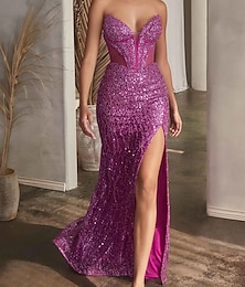 abordables -Robe rose vif taille basse sirène / trompette robes de bal robe élégante formelle semi-formelle mariage balayage / pinceau traîne sans manches décolleté plongeant avec fente à paillettes scintillantes