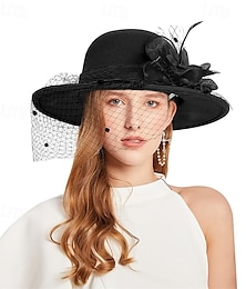 levne -Vintage fedora klobouk s odnímatelnou síťovinou, květiny, peří, elegantní dámský bowler klobouk, zimní teplý široký kšilt, kostelní derby klobouk na svatbu, závodní hostinu