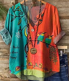 abordables -Mujer Blusa Floral Graphic Vintage Tropical Hawaiano Manga Larga Escote en Pico Tops regulares Diario Festivos Ropa de playa Estampado Azul Piscina Naranja Verde Trébol Verano Primavera