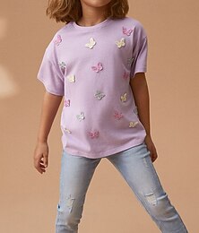 olcso -Gyerekek Lány Póló Pillangó Szabadtéri Rövid ujjú Crewneck Utcai sikk 4 év + Nyár Bíbor