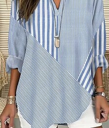 economico -Per donna Camicia Camicia in cotone e lino Blusa Grafico A righe Quotidiano Hawaiano Affari Manica Lunga Scollo a V Top Regolari Lavoro Quotidiano Ferie Bottoni Stampato Nero Blu Verde Azzurro Estate