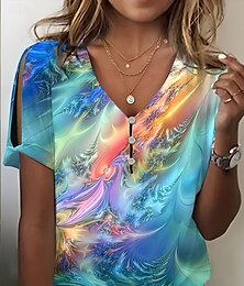 abordables -Mujer Camiseta Henley Shirt Graphic Básico Neón y brillante Manga Corta Escote en Pico Tops regulares Diario Fin de semana Botones Cortado Estampado Azul Piscina Morado Verde Trébol