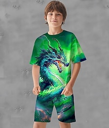 halpa -Poikien 3D Dinosaurus T-paita ja shortsit Setti Lyhythihainen Kesä Kevät Urheilu Muoti Päivittäin Lapset 4-12 vuotta Tiukka pyöreä kaula-aukko ulko- Loma Urheilu Räätälöity istuvuus