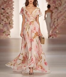 economico -Per donna Abito Lungo Maxi Abito Vestito Casual Vestito a ruota Abito Estivo Moda Moderno Quotidiano Spiaggia Weekend Vestibilità regolare Fiore Manica Corta Scollo a V Rosa Estate Primavera