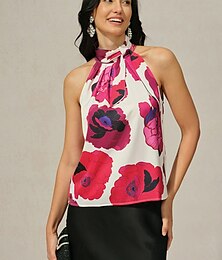 abordables -Femmes Chemise de créateur Fleuri Dames Romantique Moderne Sans manches Sans manches Cravate au cou Col Halter Hauts Réguliers Soirée Saint-Valentin Nouvel An Fuchsia Été Printemps Automne
