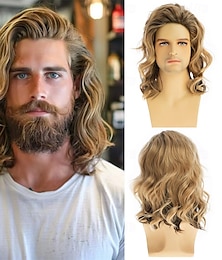 ieftine -Perucă bărbătească scurtă, creță, blondă, pufoasă, sintetică, naturală, pentru costum de Halloween, blondă, maro mixt