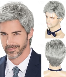 abordables -Perruque homme courte gris argenté, perruque homme cheveux synthétiques naturels superposés pour homme homme homme quotidien Halloween