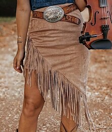 economico -Per donna Gonna Bohemien Moda Boho Midi Vita media Gonne Semplice Frangia con nappe Micro-elastico Vacanza Streetwear Marrone chiaro Estate Poliestere