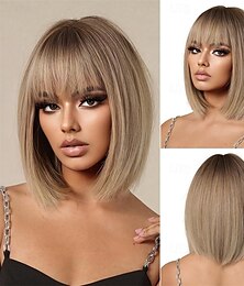 economico -Parrucca bionda con frangia, corta e liscia, per donne, con capelli sintetici, per feste quotidiane e cosplay.