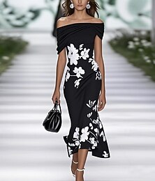 abordables -Femmes Robe Midi Robe Fleurie Élégant Mode Extérieur Vacances Fête Coupe régulière Fleur Manche Courte Épaules Dénudées Noir Vert Claire Bleu clair Été