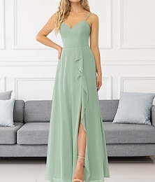 baratos -Vestido de Madrinha A-Line Decote V  Alças Finas Sem Mangas Elegante Comprimento até o Chão Chiffon com Babados  Fenda Frontal  Drapeado