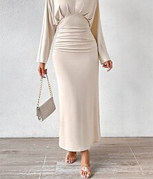economico -Abito madre della sposa elegante scollatura a V lunghezza pavimento jersey manica lunga con arricciato