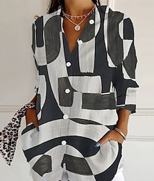 economico -Per donna Camicia Geometrico Quotidiano Elegante Essenziale Manica Lunga Colletto a Camicia Top Regolari Quotidiano Ferie Bottoni Stampato Nero Blu Reale Blu Viola Verde Primavera Autunno
